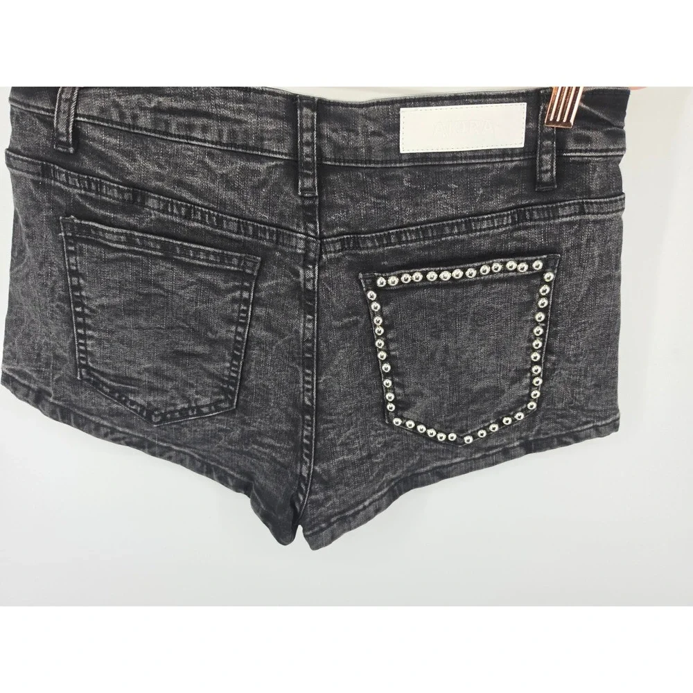 Akira Womens Studded Acid Wash Denim Shorts Black High Waisted Hot Pants Large